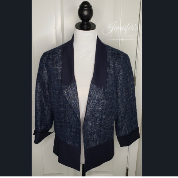 Adrianna Papell Rich Navy w/Metallic Silver Tweed Cropped Open Jacket - Picture 2 of 6